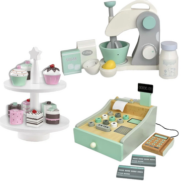 Kinderküche aus Holz mit Mixer, Kuchen und Zubehör